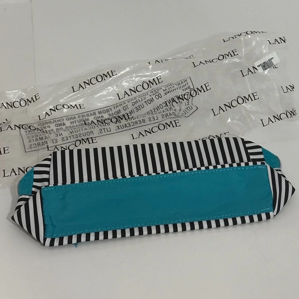 NWT Lancôme Black & White Stripe Cosmetic Bag with Teal Accents | Travel Gift